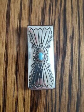 Native American Sterling Silver Money Clip Turquoise Accent